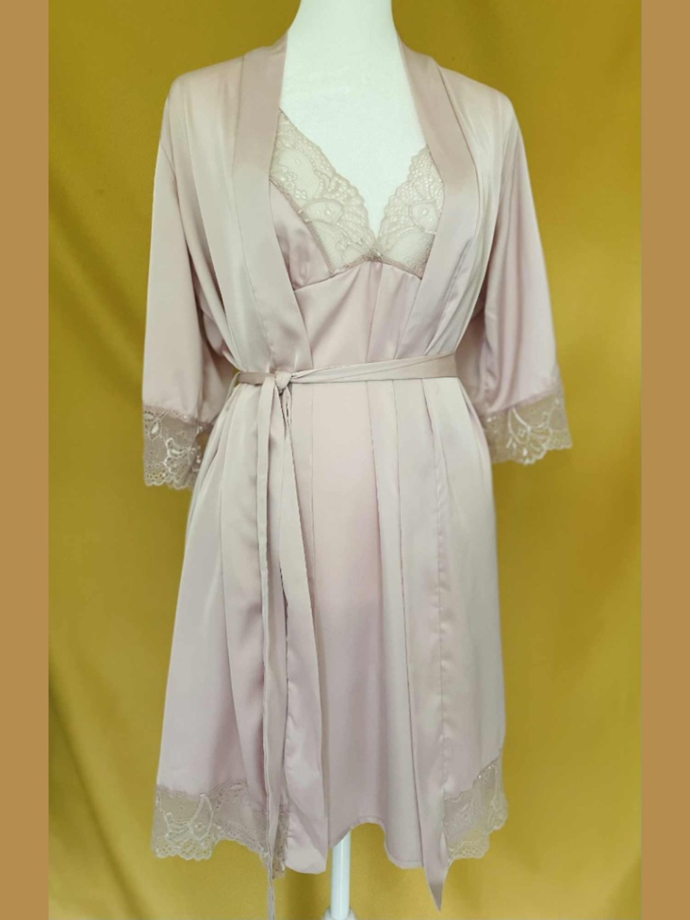 Dusty Pink Satin Camis Bow Detail Lace Nightgown and Robe Set M